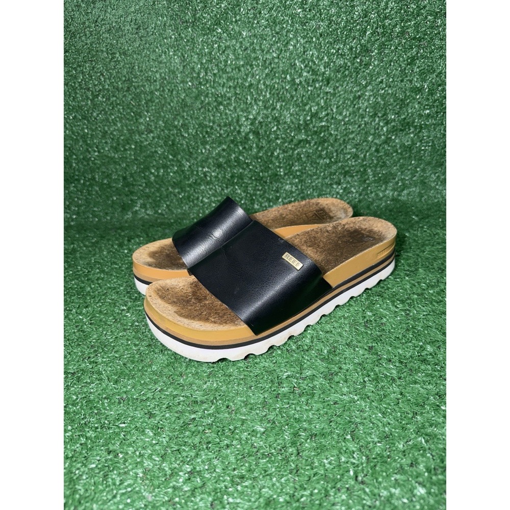Reef Sandals Womens Size 8 Cushion Scout Hi Brown Black Leather Beach Slides - Picture 3 of 9